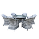 Grey rattan Florida 6 seater garden dining set with round glass table and cushioned chairs on white background