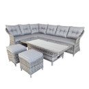 Grey rattan Florida rectangular corner garden furniture set with glass table and cushioned seating on white background