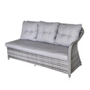 Grey rattan Florida outdoor sofa with padded grey cushions, angled view on white background