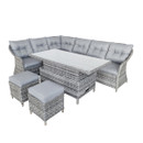 Grey rattan Florida corner sofa set with rectangular glass table and two padded stools on white background