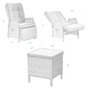 Line drawings of rattan furniture with dimensions: an upright recliner chair, a reclined chair, and a square side table. The style is elegant and relaxed.
