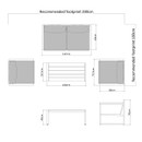 Diagram of patio furniture dimensions and recommended footprint. Includes a sofa and two side tables with detailed measurements in centimetres.