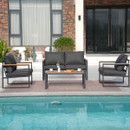 Outdoor seating set by a pool with a modern, minimalist design. Features grey cushions, a wooden table with cups and teapot, under a sunny sky.