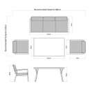 Overhead view diagram of living room furniture layout. A sofa, coffee table, and chairs are shown with measurements, suggesting space requirements.