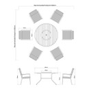 Top view of a round table with six surrounding chairs, suggesting a 330cm footprint. Additional side view shows table and chair dimensions. Tone is technical.