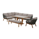 Outdoor corner dining set with an L-shaped sofa and armchair in dark fern green rope weave and grey cushions, a rectangular table with a pale top and wooden base, and a matching bench.