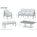 Technical dimensions diagram for Kettler Tudor Sofa Set showing sofa, armchair, bench and rectangular table measurements in centimetres.