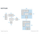 Overhead layout plan of Kettler Tudor Corner Set displaying configuration options and overall footprint dimensions in centimetres.