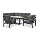 Studio image of modern corner garden sofa set with two armchairs and height-adjustable wood-effect table, featuring charcoal cushions and anthracite aluminium frames.