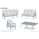 Technical dimension diagram of Kettler Tudor Corner Set showing sofa sections, armchair and rectangular table measurements in centimetres.