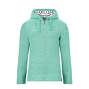 Front view of a mint green textured zip-up hoodie with drawstring hood and striped lining.