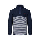 Front view of a navy textured half-zip jumper with a white striped lower panel and stand collar.