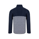 Back view of a navy textured half-zip jumper with a white striped panel across the lower body.