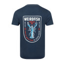 Back view of a navy short-sleeve graphic t-shirt with large Weird Fish “Lobster Pot” lobster design print.