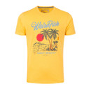 Front view of a yellow short-sleeve graphic t-shirt with “Weird Fish” slogan and tropical beach print featuring palm trees and a red sun.