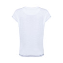 Back view of a white short-sleeve t-shirt with plain back and contrast stitching on sleeves and hem.