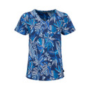 Blue short-sleeve V-neck top with an all-over tropical leaf print in shades of navy, teal and white.