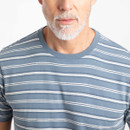 Close-up of a model wearing the blue striped T-shirt, showing the crew neckline and stripe detail.