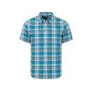 Blue and green checked short-sleeve button-up shirt with a collar and white buttons, shown on a plain white background.