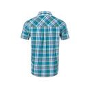 Back view of the same blue and green checked short-sleeve button-up shirt, showing the yoke detail and check pattern, on a plain white background.
