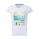 White short-sleeve graphic T-shirt featuring a beach scene with waves and a silhouette of a person walking a dog, with the text “THE DOG WALKING CLUB” across the front.