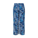 Blue indigo wide-leg cropped trousers with an all-over tropical leaf print and elasticated waistband.