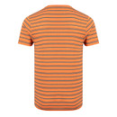 Back view of an orange crew-neck T-shirt with thin horizontal grey and navy stripes.