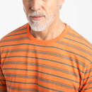Close-up of the orange crew neckline and horizontal stripe pattern on the T-shirt worn by a male model.