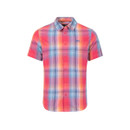 Bright pink short-sleeve button-up shirt with a multicoloured check pattern in blue, purple and orange, featuring a pointed collar and small chest logo.