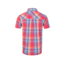 Back view of the same bright pink multicoloured check short-sleeve shirt, showing the yoke detail and all-over check pattern.