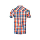 Cream short-sleeve button-up check shirt with orange and navy plaid pattern, back view.