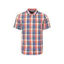 Cream short-sleeve button-up check shirt with orange and navy plaid pattern, front view.