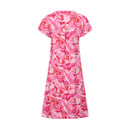 Back view of the same hot pink tropical leaf-print jersey dress with short sleeves, shown on a white background.
