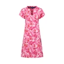 Hot pink tropical leaf-print jersey dress with short sleeves and a V-notch neckline, shown from the front on a white background.