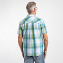 Man wearing a short-sleeve check shirt in teal, blue and yellow tones, shown from the back.