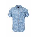 Blue chambray short-sleeve shirt with white tropical leaf print and wooden buttons, shown on a plain background.