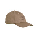 Side angle product shot of stone-coloured twill cap with embroidered fish skeleton logo.