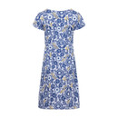 Blue and white short-sleeve midi dress with an all-over floral and geometric print, shown on a plain background.