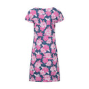 View of a navy short-sleeve dress with an all-over pink and white hibiscus floral print, featuring a fitted waist seam and a straight midi-length skirt.