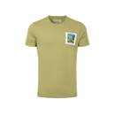 Front view of an olive green graphic T-shirt with a small ‘Shrimp Floyd’ print on the left chest.