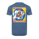 Back view of blue graphic T-shirt showing large ‘The Whoot’ cartoon owl print.
