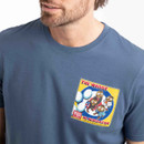 Close-up of blue T-shirt chest graphic featuring cartoon owls and ‘The Whoot’ text.