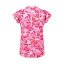 Back view of the pink short-sleeve top with the same all-over tropical leaf print and a central back pleat detail.