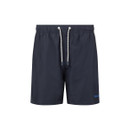Navy swim shorts with an elasticated waistband and white drawcord, shown on a plain background with a small logo near the hem.