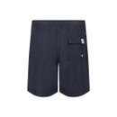 Back view of navy swim shorts with an elasticated waistband and a flap pocket on the right side, shown on a plain background.