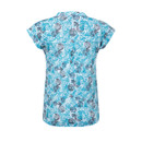 Back view of the same blue and turquoise shell-print short-sleeve V-neck jersey top.