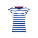 Front view of a woman’s white jersey top with navy horizontal stripes, V-neckline and cap sleeves.