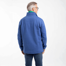 Rear view of blue quarter-zip sweatshirt with high collar and relaxed fit, worn with jeans.