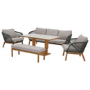 Outdoor lounge and dining set with a three-seater sofa, two rope-woven armchairs, a cushioned bench and a rectangular wooden table, shown on a white background.
