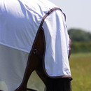Close-up of white fly rug shoulder and sleeve design with dark trim, showing lightweight coverage for horses.